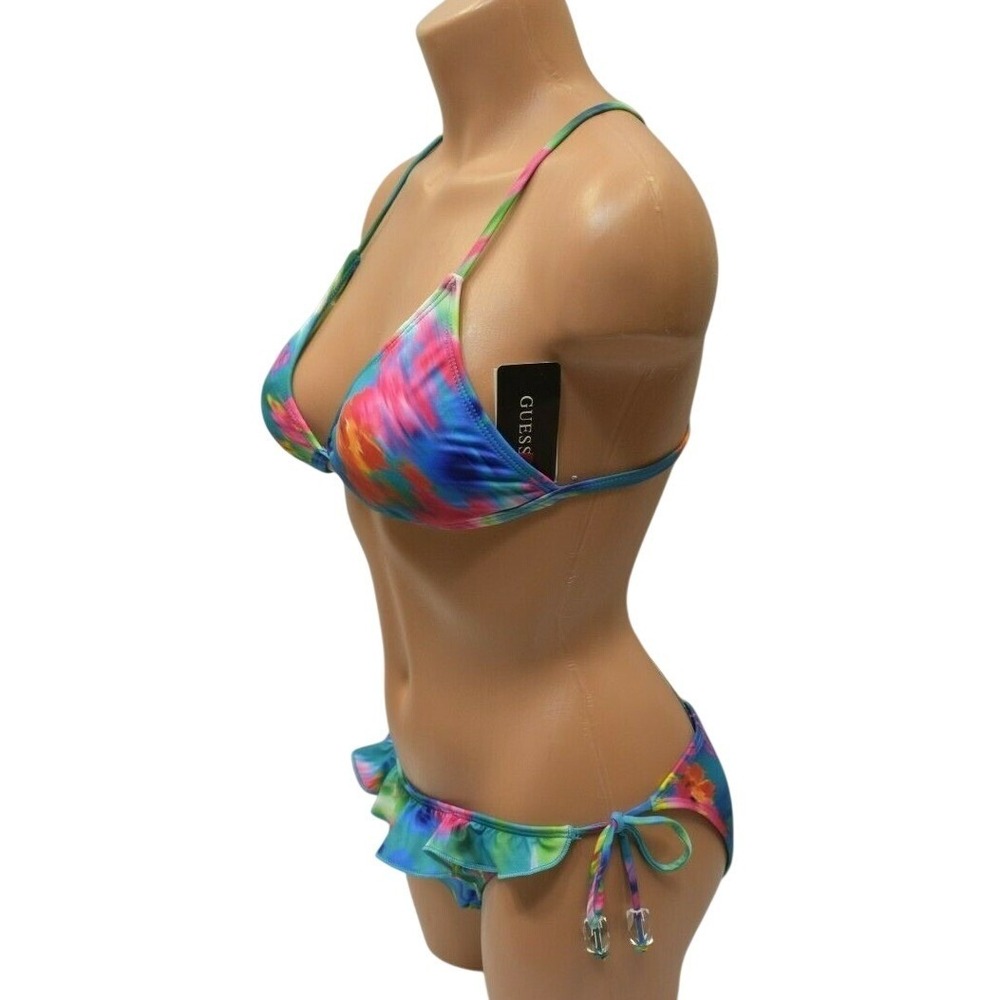 Guess Womens Multicolor Tropical Floral Ruffle Triangle Bikini Set Blue New - Picture 6 of 11